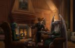  anthro butler canid canine dragon female fireplace fish food fox hi_res ironwood male mammal marine party shark 