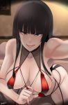  1girl absurdly_long_hair bangs bare_shoulders bikini black_hair blunt_bangs blush breasts butcha-u closed_mouth collarbone covered_nipples dead_or_alive dead_or_alive_5 eyebrows_visible_through_hair fingernails heavy_breathing highres hime_cut indoors large_breasts licking_lips long_hair looking_at_viewer mole mole_under_mouth nail_polish naughty_face nyotengu on_bed pov pulled_by_self purple_eyes red_bikini red_nails smile solo_focus swimsuit swimsuit_pull tongue tongue_out very_long_hair 