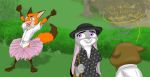  2020 ace_ventura_(copyright) anthro bitchimadorable canid canine clothed clothing crossdressing dialogue disney ears_down english_text fox fur grass grey_body grey_fur grin group hat headgear headwear judy_hopps lagomorph leporid mammal nick_wilde open_mouth outside pivoted_ears plant purple_eyes rabbit red_fox shrub smile text tongue tongue_out tree zootopia 