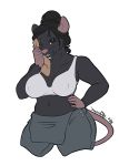  anthro big_breasts black_body black_eyes black_fur black_hair bra breasts clothing coveralls demona69 female fur hair hair_bun hand_on_hip mammal murid murine nipple_outline one_eye_closed rat rodent ronnie_(chances) slightly_chubby smile solo towel underwear whiskers 