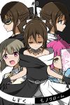  3girls ahoge amatume111 asymmetrical_hair bangs bare_arms bare_shoulders beige_cardigan beige_vest black_bow black_dress black_gloves blue_eyes blue_hoodie blunt_bangs blush board bob_cut bow bow_hairband brown_hair cardigan collarbone collared_shirt dress drop_earrings dual_persona earrings evening_gown gloves grey_hair hair_between_eyes hair_bow hairband half_updo highres holding holding_notebook hood hoodie jewelry lace lace_gloves large_bow long_hair love_live! love_live!_nijigasaki_high_school_idol_club multicolored multicolored_clothes multiple_girls nakasu_kasumi necklace nijigasaki_academy_uniform notebook open_mouth ousaka_shizuku pink_hair red_eyes shirt short_hair sketchbook skirt skirt_lift sleeveless sleeveless_dress tennouji_rina translation_request vest white_bow white_dress white_shirt yellow_bow 