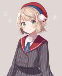  beret braid buttons green_eyes hair_pom_pom hat indie_virtual_youtuber light_brown_hair long_sleeves official_art open_mouth pinstripe_pattern pom_pom_(clothes) red_headwear red_sailor_collar sailor_collar shigure_ui shigure_ui_(vtuber) skirt striped vertical-striped_jacket vertical-striped_skirt vertical_stripes virtual_youtuber 