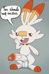  2020 big_penis bodily_fluids dialogue english_text genital_fluids genitals hi_res huge_penis humanoid_genitalia humanoid_penis male nintendo nokemop open_mouth penis pok&eacute;mon pok&eacute;mon_(species) precum scorbunny solo text video_games 