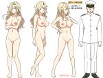  1boy 1girl admiral_(kantai_collection) ass barefoot black_footwear blonde_hair blue_eyes breasts cleavage closed_eyes dress_shirt epaulettes from_behind from_side full_body gloves hand_on_own_chest hat highres hornet_(kantai_collection) kantai_collection kutsugen_kanna_(mikouken) large_breasts loafers long_hair looking_at_viewer military military_hat military_uniform multiple_views naval_uniform nipples nude pants peaked_cap pussy shirt shoes sideboob simple_background smile twitter_username uniform white_background white_gloves white_pants 