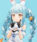  1girl animal_ear_fluff animal_ears black_gloves blue_background blue_hair braid brown_eyes bunny_ears carrot detached_sleeves don-chan_(usada_pekora) fingersmile flat_chest fur-trimmed_gloves fur_trim gloves gotoh510 highres hololive long_hair looking_at_viewer short_sleeves sidelocks simple_background solo spilling twin_braids upper_body usada_pekora 