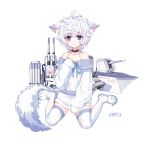  1girl :3 ahoge animal_ear_fluff animal_ears animal_slippers bangs bare_shoulders black_choker blue_eyes blue_ribbon blush cannon choker closed_mouth collarbone copyright_request curly_hair eyebrows_visible_through_hair grey_sailor_collar hair_between_eyes hand_up highres long_sleeves looking_at_viewer machinery neck_ribbon off-shoulder_shirt off_shoulder ribbon sailor_collar shibanme_tekikumo shirt simple_background sitting skirt sleeves_past_wrists slippers solo tail thighhighs torpedo turret wariza white_background white_footwear white_hair white_legwear white_shirt white_skirt 