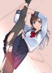  1girl bangs blue_eyes bow brown_hair ceiling character_request copyright_request flexible hair_bow holding_leg leg_lift leg_up long_hair looking_at_viewer mibu_natsuki panties school_uniform solo split standing standing_on_one_leg standing_split torn_clothes torn_legwear underwear white_panties 