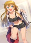  1girl :d bangs black_shorts black_sports_bra blue_eyes blurry blurry_background blush braid breasts brown_hair character_name cleavage clothes_writing collarbone commentary_request dolphin_shorts drawstring dutch_angle eyebrows_visible_through_hair feet_out_of_frame hair_between_eyes hand_up highres idolmaster idolmaster_million_live! indoors jacket kamille_(vcx68) kousaka_umi leaning_forward leg_up light_particles long_hair long_sleeves looking_at_viewer medium_breasts miniskirt navel off_shoulder open_clothes open_jacket open_mouth red_skirt shiny shiny_hair short_shorts shorts sidelocks single_bare_shoulder skirt skirt_around_one_leg smile solo sports_bra standing standing_on_one_leg stomach twin_braids undressing upper_teeth white_jacket 