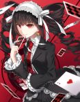  1girl animal_print bangs black_hair black_jacket black_nails black_skirt bonnet butterfly_print card celestia_ludenberck center_frills collared_shirt commentary_request cowboy_shot cross-laced_clothes danganronpa danganronpa_1 drill_hair earrings eyebrows_visible_through_hair frills gothic_lolita gradient gradient_background hair_ornament hairband hand_up highres holding holding_card jacket jewelry lace_trim layered_skirt lolita_fashion lolita_hairband long_hair long_sleeves looking_at_viewer nail_polish nanace_0 necktie playing_card print_neckwear red_background red_eyes ribbon shirt skirt smile solo twin_drills twintails white_ribbon white_shirt 