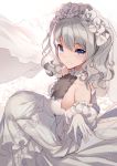  1girl alternate_costume bangs bison_cangshu blue_eyes blush breasts bridal_veil cleavage closed_mouth collarbone detached_sleeves diamond_(gemstone) dress eyebrows_visible_through_hair from_side gem glint gloves halter_dress highres jewelry kantai_collection kashima_(kantai_collection) long_hair long_sleeves looking_at_viewer looking_to_the_side medium_breasts ring silver_hair sitting smile solo twintails veil wavy_hair wedding_dress wedding_ring white_dress white_gloves 