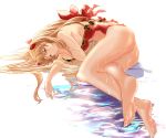 1girl absurdres ass bangs blonde_hair breasts ereshkigal_(fate/grand_order) fate/grand_order fate_(series) highleg highleg_swimsuit highres large_breasts legs long_hair looking_at_viewer lying navel on_side one-piece_swimsuit parted_bangs red_eyes red_swimsuit simple_background swimsuit thighs two_side_up very_long_hair wet white_background yatsuka_(846) 