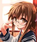  1girl bespectacled black_sailor_collar brown_eyes brown_hair commentary_request folded_ponytail glasses inazuma_(kantai_collection) kantai_collection long_hair looking_at_viewer nukoyarou sailor_collar school_uniform serafuku solo upper_body window 
