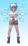  1girl aegir_(tokyo_houkago_summoners) aegir_(tokyo_houkago_summoners)_(cosplay) anchor_earrings aqua_eyes aqua_hair bangs blue_eyes bow brown_shorts character_request check_character cirno cosplay crossed_arms dark_skin dark_skinned_female earrings eyewear_on_head full_body gradient_hair hair_bow highres ina_zuma jewelry multicolored_hair open_clothes open_shirt open_shorts shoes short_hair shorts single_earring sleeves_rolled_up smile thighs tokyo_houkago_summoners touhou white_hair 