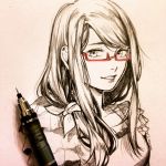  1girl :d bow clivenzu glasses graphite_(medium) hair_ornament highres kamishiro_rize long_hair looking_at_viewer mechanical_pencil open_mouth pencil photo_(medium) red_theme semi-rimless_eyewear signature smile solo spot_color tokyo_ghoul traditional_media under-rim_eyewear upper_body 