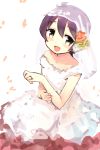  1girl :d antenna_hair bridal_veil dress fingernails flower hair_flower hair_ornament hand_up highres hota jewelry kantai_collection looking_at_viewer open_mouth petals purple_hair red_flower red_rose ring rose sakawa_(kantai_collection) short_hair short_sleeves smile solo veil wedding_band wedding_dress white_background white_dress yellow_eyes 
