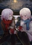  2girls :d :o bangs black_legwear blue_eyes blue_scarf blush cloud cloudy_sky commentary_request cup eila_ilmatar_juutilainen eyebrows_visible_through_hair full_moon grey_hair hair_between_eyes highres holding holding_cup jacket lake long_sleeves looking_at_another looking_to_the_side moon mug multiple_girls night night_sky nose_blush open_mouth outdoors pantyhose parted_lips ramu_(taka1995) red_scarf sanya_v_litvyak scarf sky sleeves_past_wrists smile steam strike_witches water white_jacket world_witches_series 