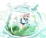  1girl :d algae barefoot blue_swimsuit bowl bright_pupils cherry_blossoms flower hair_flower hair_ornament hota i-58_(kantai_collection) in_bowl in_container kantai_collection looking_at_viewer one-piece_swimsuit open_mouth pink_hair red_eyes school_swimsuit school_uniform serafuku shirt short_sleeves smile solo swimming swimsuit underwater waving white_pupils white_shirt 