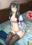 1girl bed black_hair blue_skirt bra breasts glasses green_eyes indoors kantai_collection lace-trimmed_legwear lace_trim long_hair miniskirt navel on_bed ooyodo_(kantai_collection) open_clothes open_shirt oyabun_(higashi) panties pleated_skirt purple_bra purple_legwear purple_panties school_uniform semi-rimless_eyewear serafuku side-tie_panties sitting sitting_on_bed skirt skirt_removed small_breasts solo thighhighs under-rim_eyewear underwear white_hair 