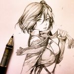  1girl clivenzu from_side graphite_(medium) hand_up highres looking_at_viewer looking_to_the_side mechanical_pencil mikasa_ackerman open_mouth pencil photo_(medium) scarf shingeki_no_kyojin signature solo traditional_media upper_body 