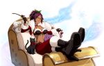  1girl bell bell_collar belt belt_buckle bleach bleach:_brave_souls bodskih boots breasts buckle cat cleavage collar dark_skin english_commentary gloves high_heel_boots high_heels jacket large_breasts long_sleeves looking_at_viewer midriff navel official_art pants ponytail purple_hair shihouin_yoruichi sitting solo stuffed_animal stuffed_toy transparent_background yellow_eyes 