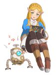  1girl bangs blonde_hair braid crown_braid gloves green_eyes guardian_(breath_of_the_wild) highres hyrule_warriors hyrule_warriors:_age_of_calamity ikonaska long_hair looking_at_viewer open_mouth pointy_ears princess_zelda robot smile solo the_legend_of_zelda the_legend_of_zelda:_breath_of_the_wild 