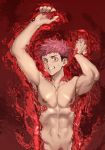  1boy abs arms_up blood brown_hair completely_nude groin itadori_yuuji jujutsu_kaisen male_focus male_pubic_hair mo_si_(z1216150815) multicolored_hair navel nipples nude pectorals pink_hair pubic_hair red_eyes ryoumen_sukuna_(jujutsu_kaisen) short_hair sinking smile solo spiked_hair tagme tattoo toned toned_male two-tone_hair undercut upper_body 