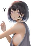  1girl :o ? bangs bare_shoulders black_hair breasts commentary_request grey_shirt hair_between_eyes highres looking_to_the_side medium_breasts open_mouth original purple_eyes shirt short_hair sideboob sleeveless sleeveless_shirt white_background yk_(pixiv43531291) 