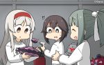  3girls alternate_costume black_hair brown_eyes closed_eyes clothes_removed commentary_request dated grey_hair hairband hamu_koutarou hayasui_(kantai_collection) highres kantai_collection long_hair multiple_girls ponytail red_hairband robot short_hair shoukaku_(kantai_collection) silver_eyes surprised sweater ufo white_hair white_sweater yuubari_(kantai_collection) 