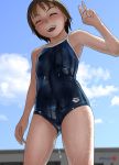  1girl arena_(company) artist_name blue_sky blue_swimsuit blurry breasts brown_hair building closed_eyes cloud competition_school_swimsuit cowboy_shot depth_of_field from_below highres logo mu-pyon original school_swimsuit short_hair sky small_breasts solo swimsuit v wet wet_clothes wet_swimsuit 