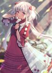  1girl absurdres aqua_bow blue_eyes blurry blurry_background blush bow breasts closed_mouth dress eyebrows_visible_through_hair frilled_dress frills grey_hair hair_bow highres jacket long_sleeves looking_at_viewer mabinogi medium_breasts nao_(mabinogi) petticoat pinafore_dress red_bow red_dress sidelocks silver_hair smile solo standing twintails usamata white_hair white_jacket 