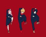  arm_up babyseven_77 black_eyes black_hair blonde_hair brown_footwear closed_eyes closed_mouth cosplay dancing facial_mark frown fushiguro_megumi green_eyes grin hair_between_eyes haruno_sakura haruno_sakura_(cosplay) highres itadori_yuuji jujutsu_kaisen kugisaki_nobara long_hair naruto naruto_(series) parody pink_hair red_background red_footwear simple_background smile uchiha_sasuke uchiha_sasuke_(cosplay) uzumaki_naruto uzumaki_naruto_(cosplay) whisker_markings 