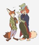  &quot;honest&quot;_john_foulfellow 2020 aloha_shirt amber_eyes anthro arm_tuft barefoot black_nose canid canine cheek_tuft claws clothed clothing crossover dipstick_tail disney elbow_tufts facial_tuft fox fur gloves_(marking) green_eyes group hand_in_pocket hat headgear headwear hi_res inner_ear_fluff japanese_text looking_at_viewer male mammal markings multicolored_tail necktie nick_wilde pinocchio pockets simple_background text toe_claws tuft uochandayo white_background zootopia 