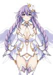  1girl angel angel_wings blue_eyes blush braid breasts cleavage feathered_wings four_goddesses_online:_cyber_dimension_neptune gloves hair_ornament highres large_breasts leotard long_hair looking_at_viewer neptune_(series) purple_hair purple_heart simple_background smile solo symbol-shaped_pupils twin_braids very_long_hair white_background white_wings wings zatsu 