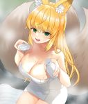  1girl ahoge alcohol animal_ear_fluff animal_ears bangs bare_arms bare_shoulders bath blonde_hair blush bottle breasts cleavage collarbone commentary_request cup fang fox_ears fox_girl fox_tail from_above green_eyes holding holding_bottle holding_cup indie_virtual_youtuber large_breasts long_hair looking_at_viewer naked_towel open_mouth original sakazuki sake sake_bottle shimonose_rina sitting skin_fang smile solo steam tail teltelhousi tokkuri towel virtual_youtuber wet white_towel 