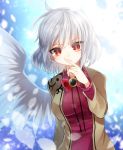  1girl angel_wings backlighting beige_jacket blurry bow bowtie braid breasts bright_pupils brooch closed_mouth commentary depth_of_field dress expressionless eyebrows_visible_through_hair eyes_visible_through_hair finger_to_mouth french_braid fukurahagi_uomaru index_finger_raised jewelry kishin_sagume large_breasts long_sleeves looking_at_viewer petals red_bow red_dress red_eyes short_hair silver_hair single_wing sky solo star_(sky) starry_sky touhou upper_body wings 