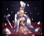  1girl artoria_pendragon_(all) blonde_hair breasts cleavage closed_mouth dress excalibur eyebrows_visible_through_hair fate/stay_night fate_(series) green_eyes hair_between_eyes hiro_(hirohiro_gorira) holding holding_sword holding_weapon holy_grail_(fate) looking_at_viewer medium_breasts petals pillar pouring saber smile solo sword weapon 