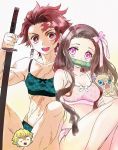  1girl 3boys adapted_costume agatsuma_zenitsu black_hair blonde_hair blush boar_mask bow bow_bra bra brother_and_sister carnelian censored crossdressing earrings hashibira_inosuke holding holding_sword holding_weapon jewelry kamado_nezuko kamado_tanjirou kimetsu_no_yaiba long_hair looking_at_viewer multiple_boys novelty_censor open_mouth panties pink_bra pink_eyes pink_ribbon purple_eyes red_hair ribbon scar siblings sitting sword teeth underwear weapon white_background 