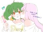  2girls alternate_hair_color bangs blush cheek_kiss closed_eyes dated eyebrows_visible_through_hair glowstick green_hair holding_glowstick kimidori_(kimidoriri) kiss long_hair macross macross_frontier multiple_girls purple_hair ranka_lee sheryl_nome short_hair v-shaped_eyebrows white_background yuri 