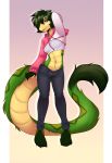  2020 anthro biped blue_eyes bottomwear breasts clothed clothing denim denim_clothing female forked_tongue green_hair hair jeans lockworkorange navel pants reptile scalie simple_background snake standing sweater tongue topwear 