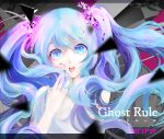  1girl bangs blue_eyes blue_hair copyright_name floating_hair ghost_rule_(vocaloid) hair_between_eyes hatsune_miku long_hair looking_at_viewer open_mouth sg91122lily solo twintails upper_body very_long_hair vocaloid 