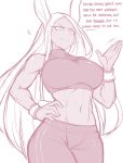  1girl absurdres animal_ears bagelbomb boku_no_hero_academia bracer breasts bunny_ears english_commentary english_text hand_on_hip highres impossible_clothes large_breasts long_hair looking_at_viewer looking_down midriff mirko monochrome muscle muscular_female navel pants rabbit_girl sketch smile solo standing stomach sweat toned white_background wristband yoga_pants 