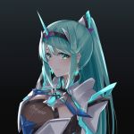  1girl bangs black_background breasts chest_jewel earrings eyebrows_visible_through_hair gradient gradient_background green_eyes green_hair highres jewelry large_breasts long_hair long_ponytail pneuma_(xenoblade) ponytail sarasadou_dan solo swept_bangs tiara upper_body xenoblade_chronicles_(series) xenoblade_chronicles_2 