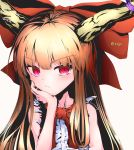  1girl :/ artist_name bangs blunt_bangs blush bow closed_mouth collarbone commentary_request eyebrows_visible_through_hair eyelashes hair_bow hand_on_own_cheek head_rest highres horn_ornament horn_ribbon horns ibuki_suika koyu_(ctsa2278) long_hair looking_at_viewer oni_horns orange_hair red_bow red_eyes red_neckwear ribbon shirt sidelocks simple_background sleeveless sleeveless_shirt slit_pupils solo touhou upper_body v-shaped_eyebrows white_background white_shirt 