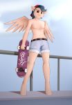  2020 absurd_res anthro barefoot bottomwear breasts clothed clothing equid equine fan_character female flip_trick_(neighday) full-length_portrait hand_on_hip hasbro hi_res looking_at_viewer mammal my_little_pony neighday nipples pegasus portrait shorts skateboard smile smirk solo standing topless wings 