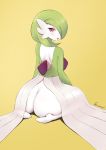  1girl absurdres ass blush bob_cut curvy dress feet fraankyy from_behind gardevoir gen_3_pokemon green_hair green_skin hair_over_one_eye highres looking_at_viewer looking_back open_mouth pokemon red_eyes short_hair simple_background sitting sitting_on_floor thick_thighs thighs tongue white_dress white_skin wide_hips 
