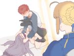  1boy 2girls ahoge anger_vein artoria_pendragon_(all) banned_artist bar_censor barefoot blindfold blonde_hair blush boots bottomless braid braided_bun censored collarbone detached_sleeves dress emiya_shirou facial_mark fate/stay_night fate_(series) feet fellatio forehead_mark heart long_hair low-tied_long_hair mo_(kireinamo) multiple_girls open_mouth oral orange_hair penis pillow purple_hair raglan_sleeves ribbon rider saber shaded_face short_hair sidelocks strapless strapless_dress sweat sweater sword thigh_boots thighhighs very_long_hair visible_air weapon 