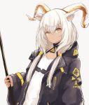  1girl animal_ears arknights beeswax_(arknights) black_coat closed_mouth coat commentary expressionless flat_chest goat_ears goat_horns hair_between_eyes holding holding_staff hooded_coat horns long_hair looking_at_viewer shirt silver_hair simple_background solo staff tokoi twintails upper_body white_background white_shirt wide_sleeves yellow_eyes 
