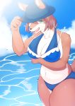  absurd_res anthro big_breasts bikini biped blue_eyes breasts brown_hair cervid cervine cleavage clothed clothing denyfake detailed_background female fur hair hat headgear headwear hi_res looking_at_viewer mammal navel open_mouth orange_body orange_fur slightly_chubby smile solo standing swimwear water 