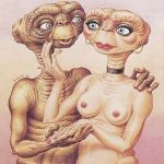  1982 1:1 alien alien_humanoid blue_eyes breasts brown_body brown_skin choker duo e.t. e.t._the_extra-terrestrial ear_piercing ear_ring female hi_res humanoid humanoid_on_humanoid jean_sole jewelry lipstick makeup male male/female necklace nipples not_furry piercing traditional_media_(artwork) wrinkles 