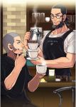  2boys apron barista beard black-framed_eyewear black_shirt blue_eyes buzz_cut coffee coffee_cup cup disposable_cup earrings facial_hair glasses golden_kamuy grey_eyes grey_hair hand_up highres indoors jewelry kiroranke kyosuke male_focus multiple_boys page_number plate scan shelf shiraishi_yoshitake shirt short_sleeves sideburns sitting smile standing steam teapot white_shirt 